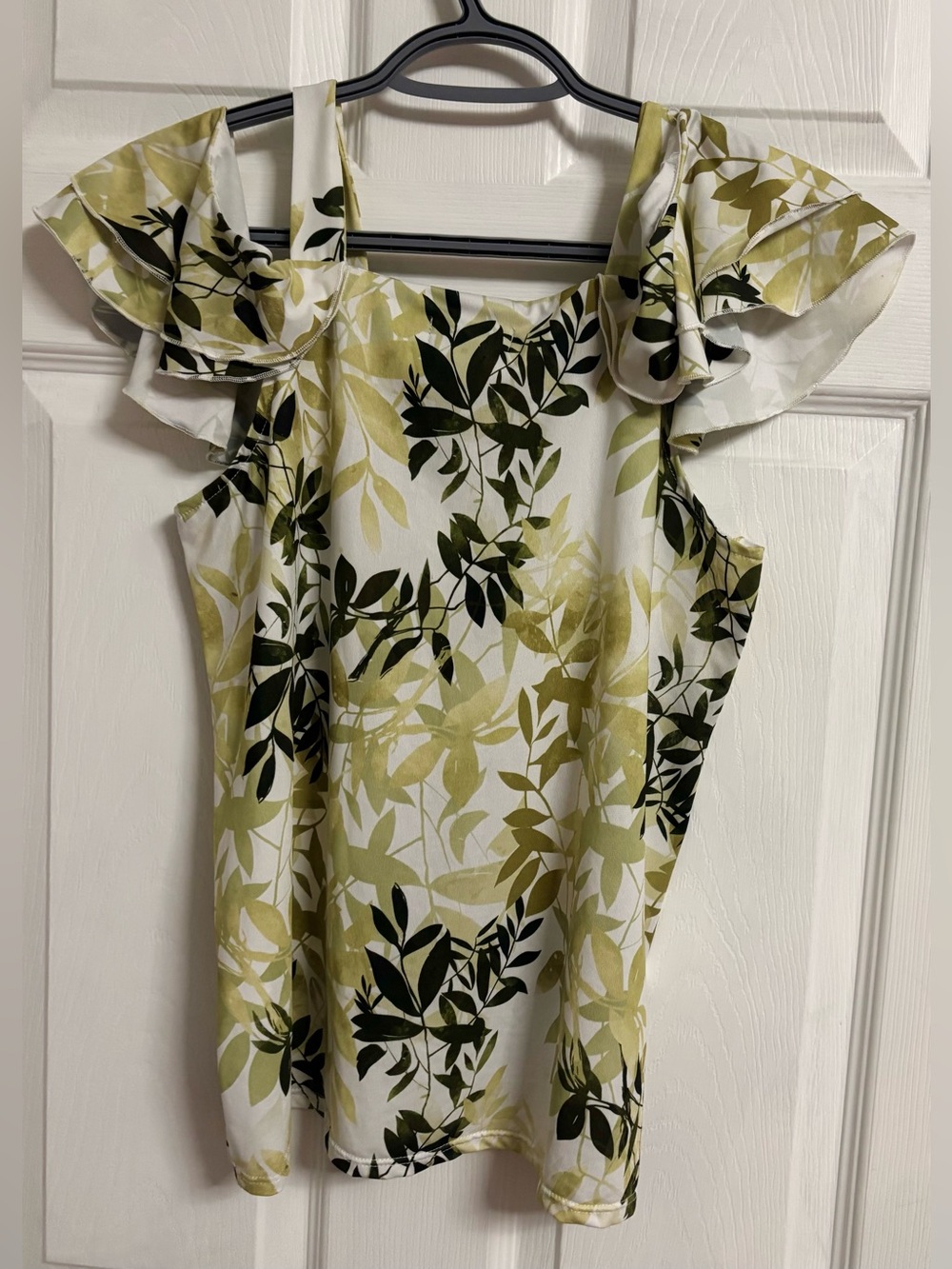Floral Ruffle Sleeve Women’s Top in Olive Green and White